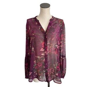 KUT from the Kloth Purple Floral Sheer Long Sleeve Button Up Size XL